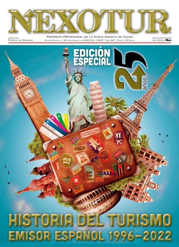 Portada de Nexotur con símbolos turísticos y maleta de viaje.