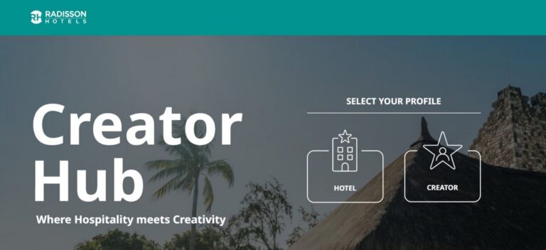 Interfaz del Creator Hub de Radisson con opciones para hoteles y creadores.