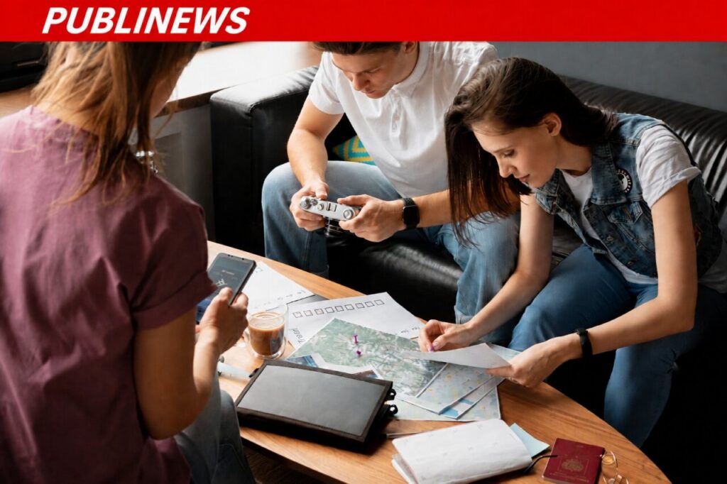 Grupo de personas planificando un viaje con mapas y dispositivos móviles