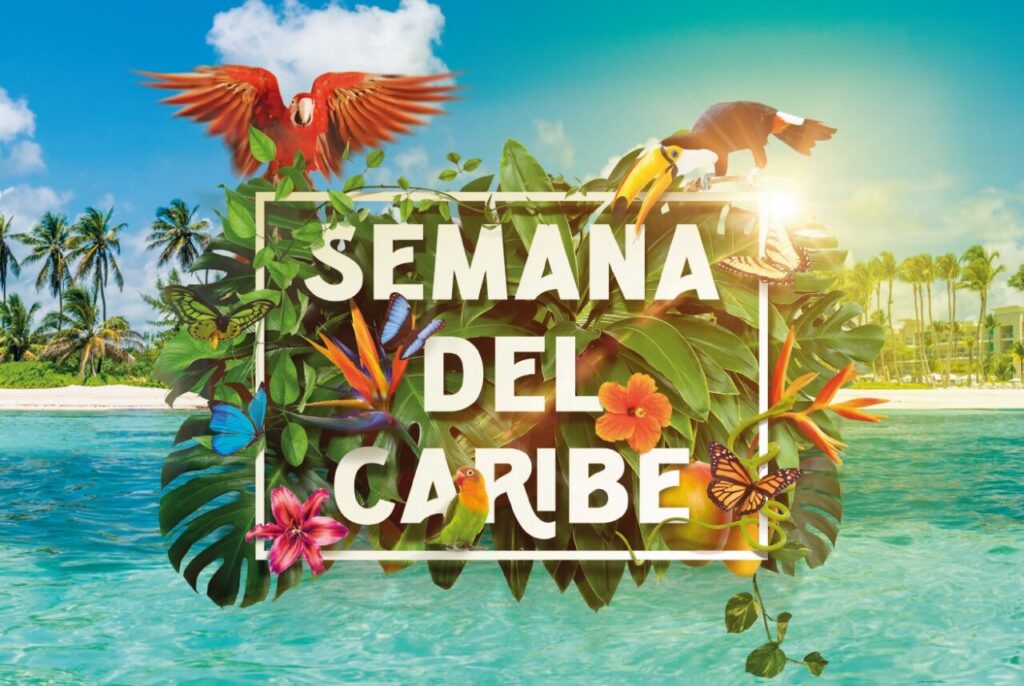 Imagen colorida de la Semana del Caribe con flora y fauna tropical.