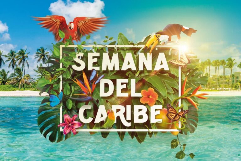 Imagen colorida de la Semana del Caribe con flora y fauna tropical.