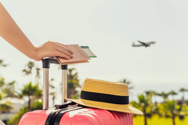 Persona con maleta rosa y sombrero en un destino turístico