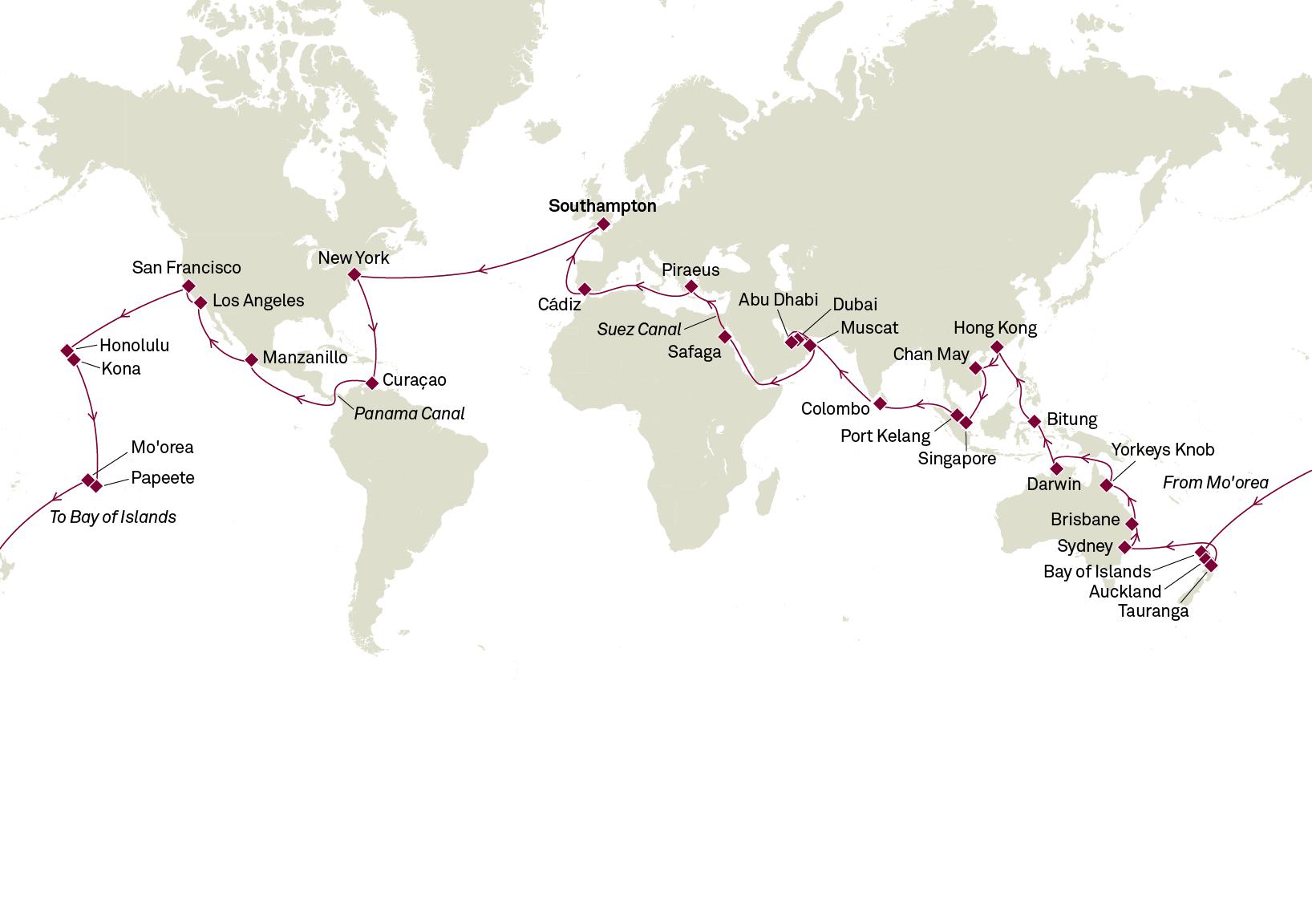 Cunard anuncia la venta de sus vueltas al mundo y grandes viajes para 2026